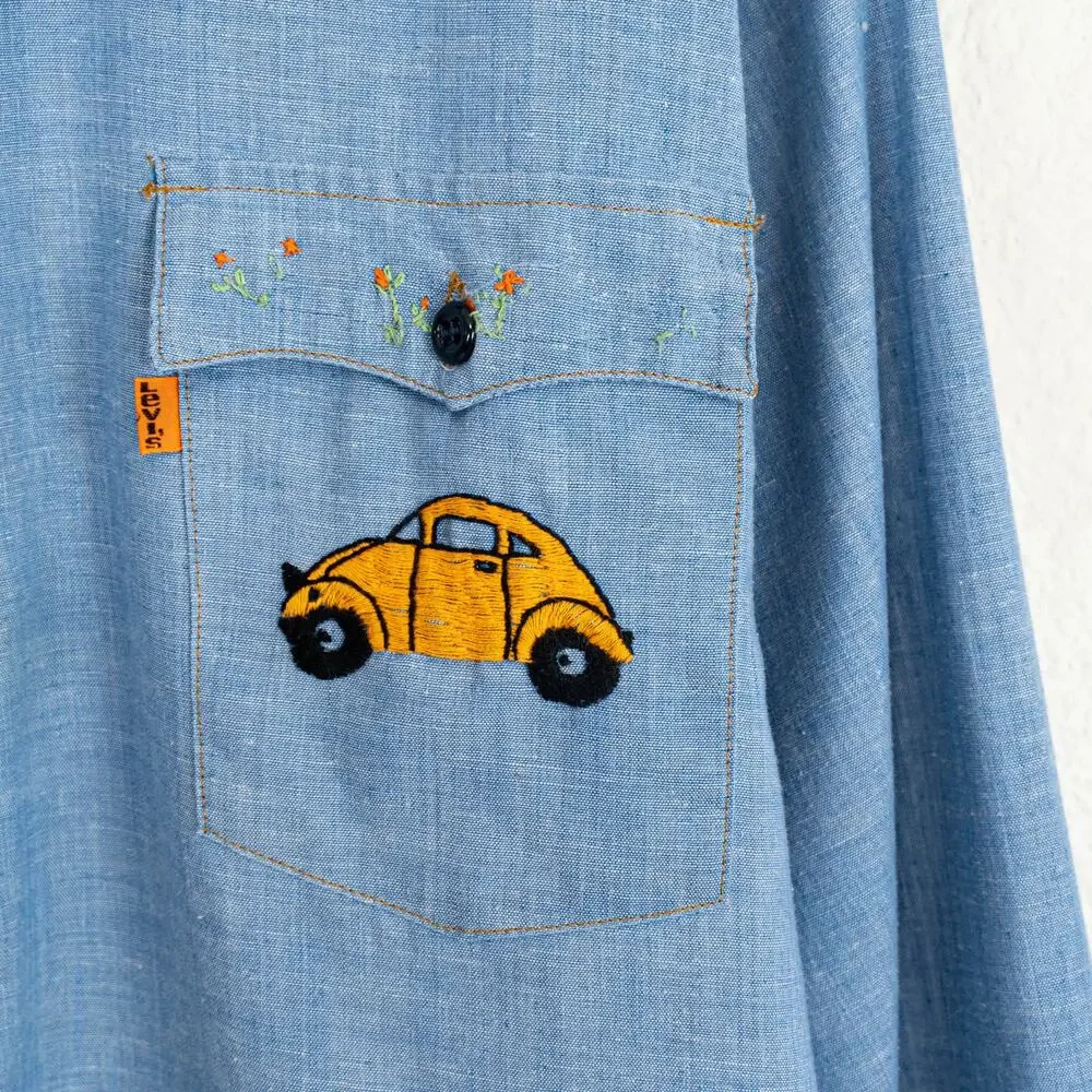 Vintage 70s Levi's Orange tab Embroidered Chambray Shirt blue sz XL